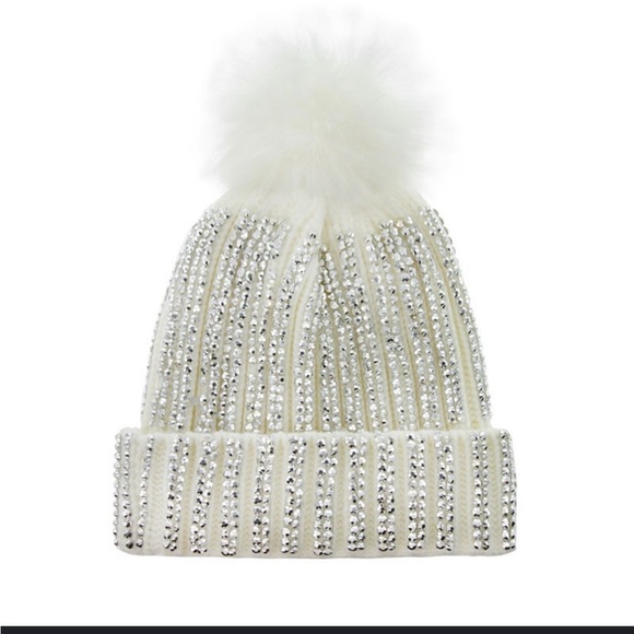 Classic Fashion Accessories - Knit Cable Rhinestone Beanie with Faux Fur Ball. Warm winter hat